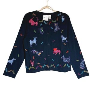 Michael Simon Light Womens Black Dog  Bone Applique Cardigan Art Sweater Medium